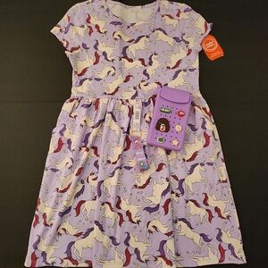 NWT Wonder Nation Casual Purple Unicorn Dress, Girls XXL 18, Phone Bag,Key Chain